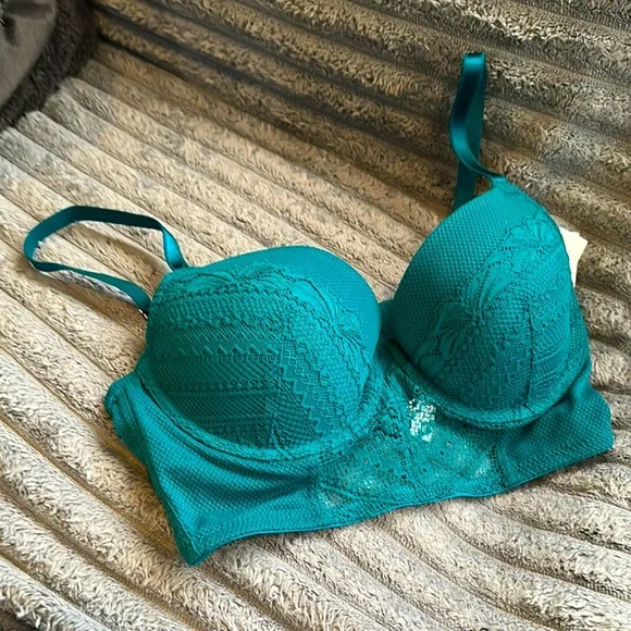 Teal Lace Women's Demi Coverage Long Line Bra New Size 36B - Picture 2 of 7